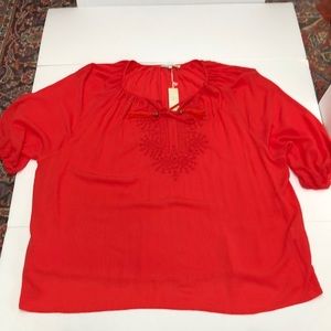 C&C California 3X red crepe peasant blouse Boho style tassles embroidered